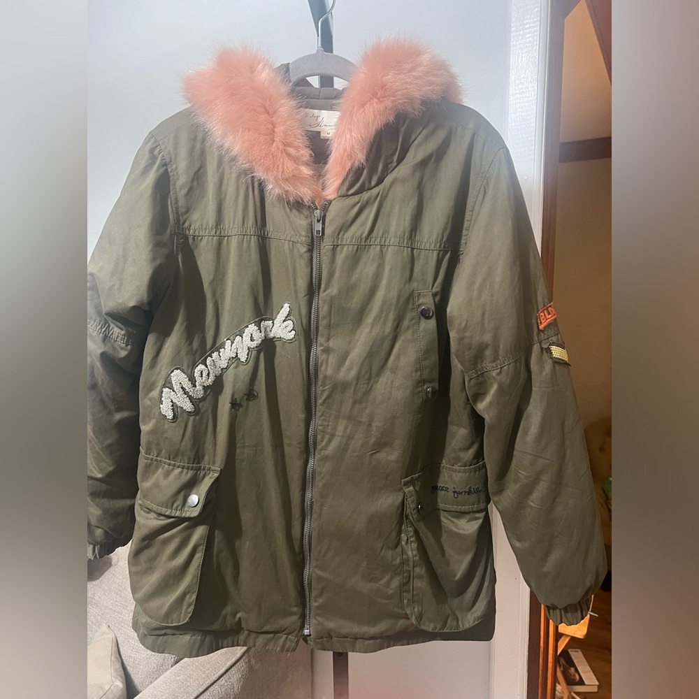 Vintage Havana Army Style Coat with Pink Faux Fur Trim Size‎ M - Picture 2 of 9